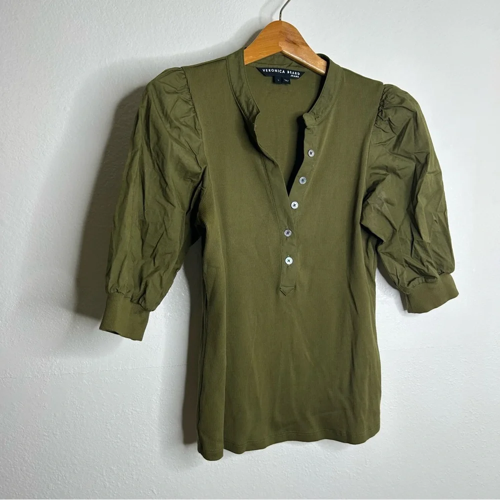 Veronica Beard Coralee High Volume Poplin Puff Sleeve Pima Cotton Green Top S